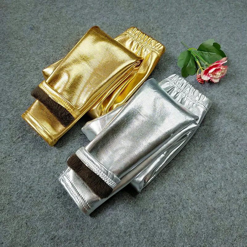 Детские штаны Осень зима 2021 Блестящие леггинсы из искусственной кожи для