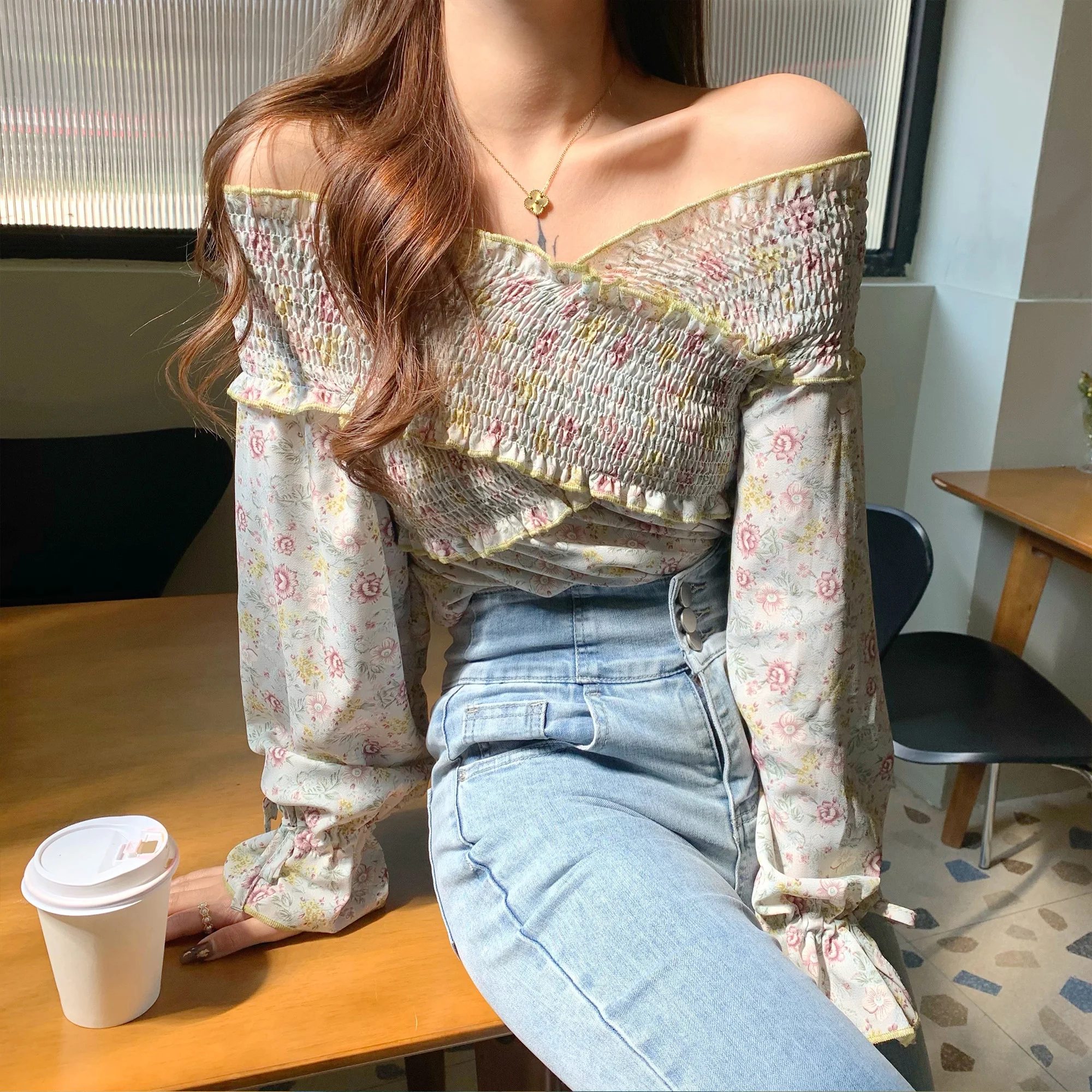 

Zaraing Summer Clothes For Women 2021 Chiffon Shirt Y2k Chic V-Neck Off Shoulder Sexy Kawaii Ruffles Flare Sleeve Sweet Tops