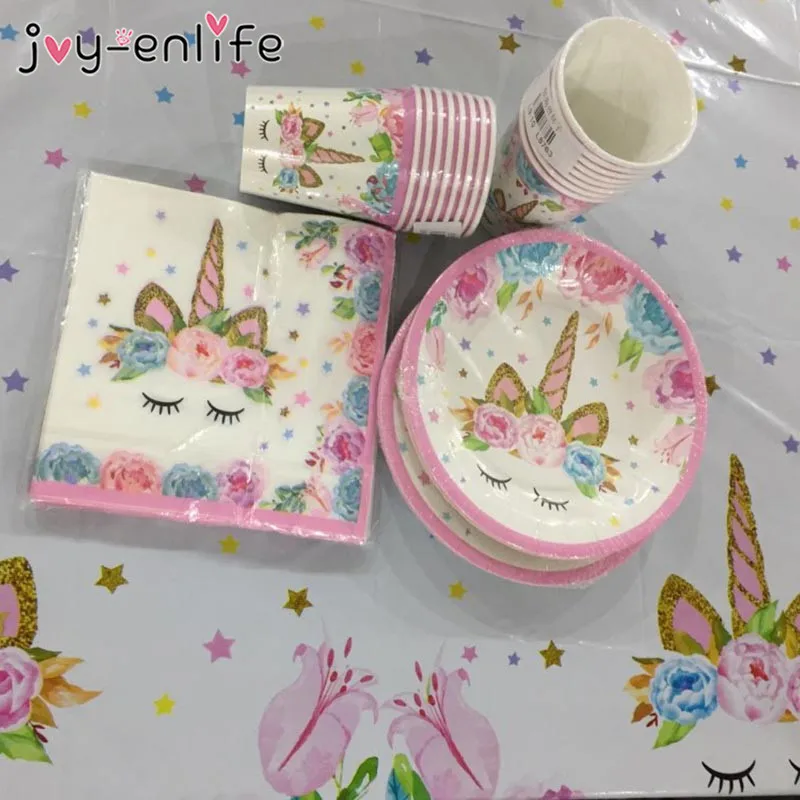 Единорог вечерние поставки дети 1st День Рождения Декор бумажные стаканчики и