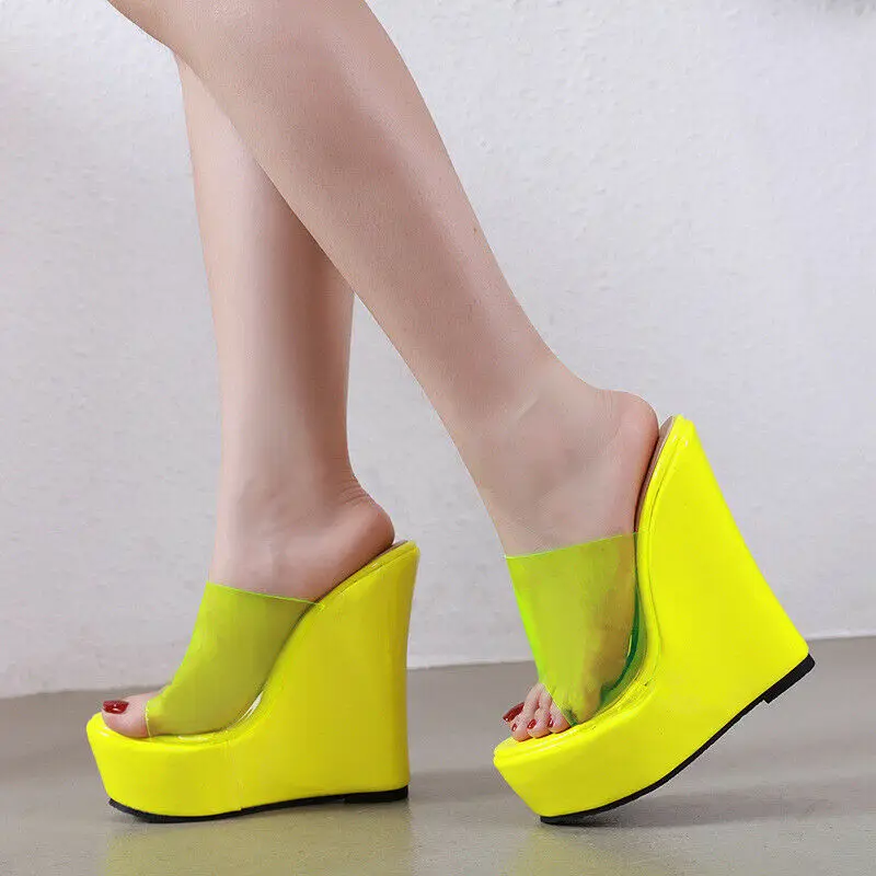 Women's Platform Slippers Transparent Open Toe Wedge High Heeled Sandals Shoes