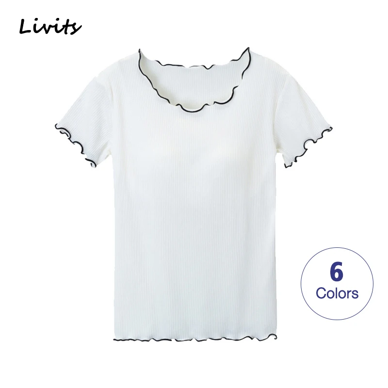

Women T-Shirts Built-in Bra Padded Stretchable Tops Tshirts Short Sleeve Ruffles Sexy Casual Korean SA0694