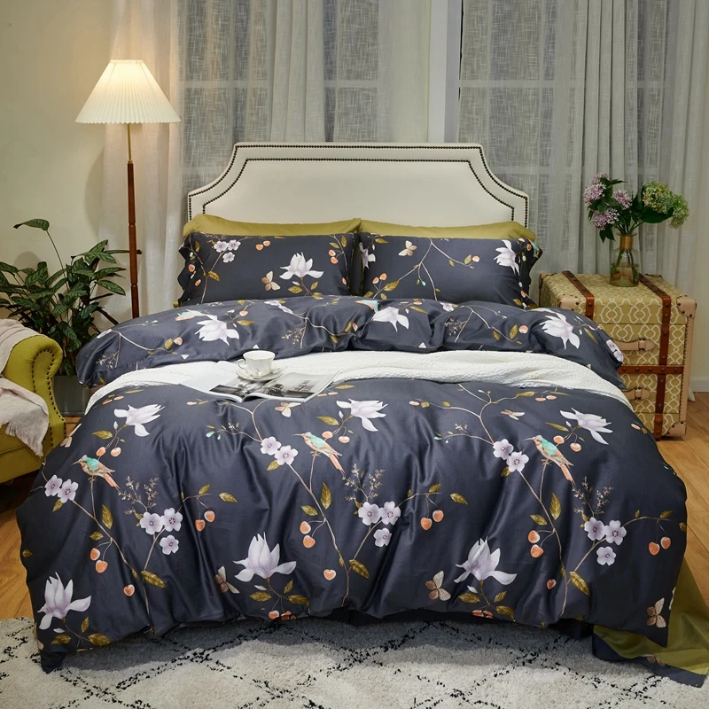 

100%Egyptian Cotton Soft Bedding Chic Botanical Leaves Birds Grey Duvet Cover Set Bed Sheet Pillow shams Queen King size 4Pcs