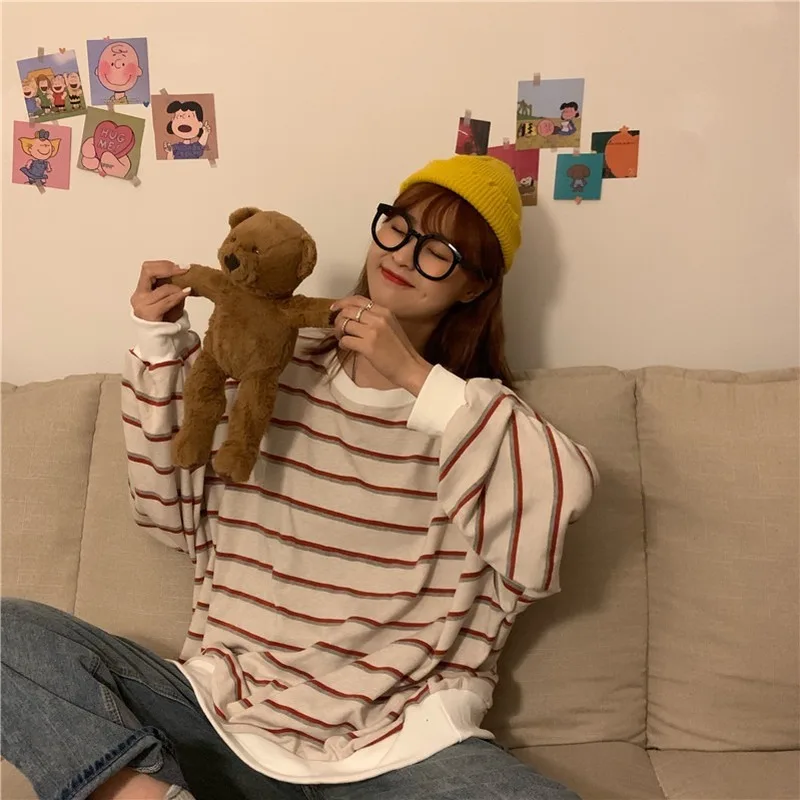 

Korean Striped Print Women's T-Shirt Stylish Loose Long Sleeve Round Neck Teeswomen College Style Plus Size Spring Tops Ladies