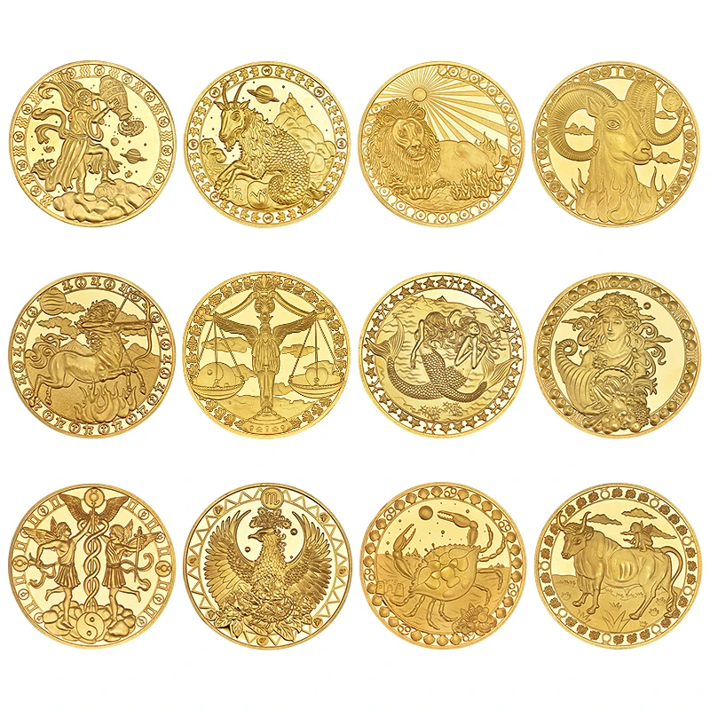 Hot Sale Twelve Constellations Zodiac Gold Plated Collectible Coin Original Coins Set Holder Challenge Gift | Дом и сад