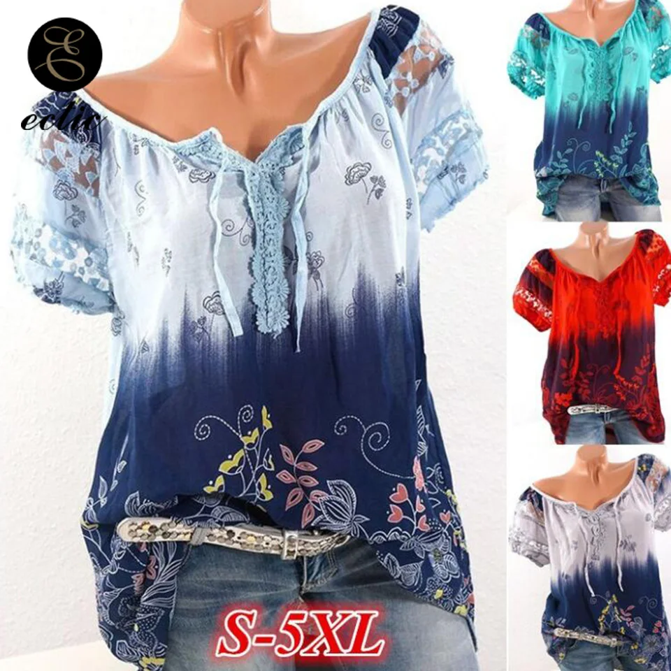 

Cutwork Lace T Shirt With Print Tie Dye Tshirts Vetement Femme 2021 5xl Drawstring Top Casual Colorful Floral Tshirt Dames Women