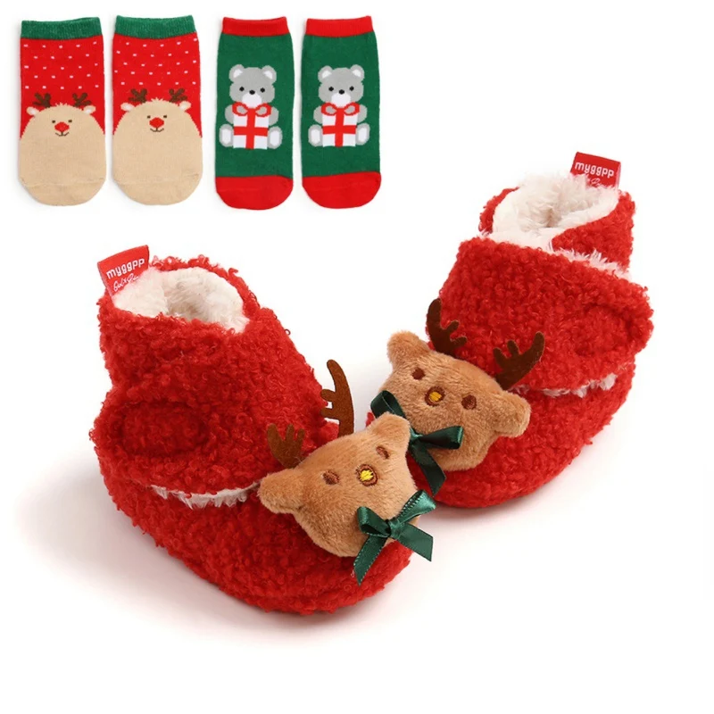 

Рождественский олень, Санта Клаус, для новорожденных, для первых прогулок, для девочек и мальчиков, мягкая Нескользящая Милая обувь + 2 повяз...