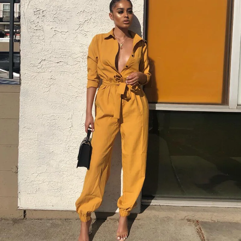 

Autumn Sashes Casual Jumpsuit Women Fashion Long Sleeve Buttons Sexy Rompes Womens Jumpsuit Streetwear Overalls for Women
