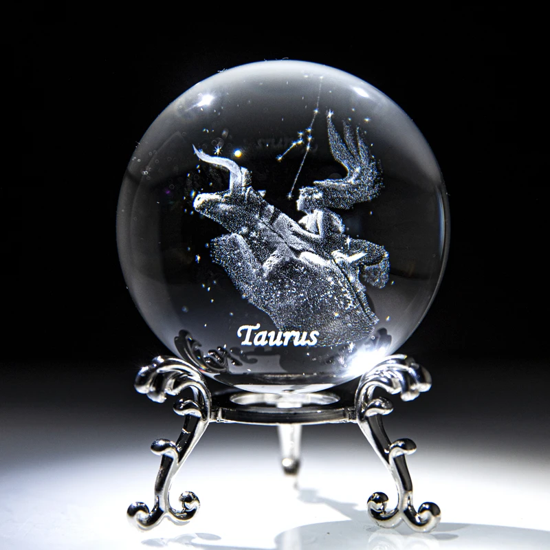 H & D-constelación láser 3D de bola de cristal, figurita de esfera completa de vidrio con soporte de Metal, regalo de cumpleaños, decoración Fengshui para el hogar (Taurus)
