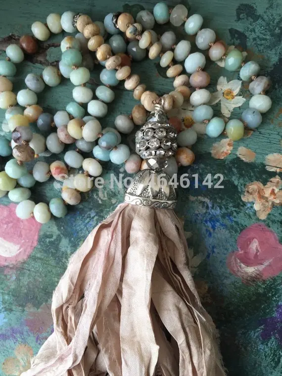 Sari Silk Tassel Knot Amazonite Stone Necklace Boho Picture Jasper Bead Long Necklace Women Tassel Pendant