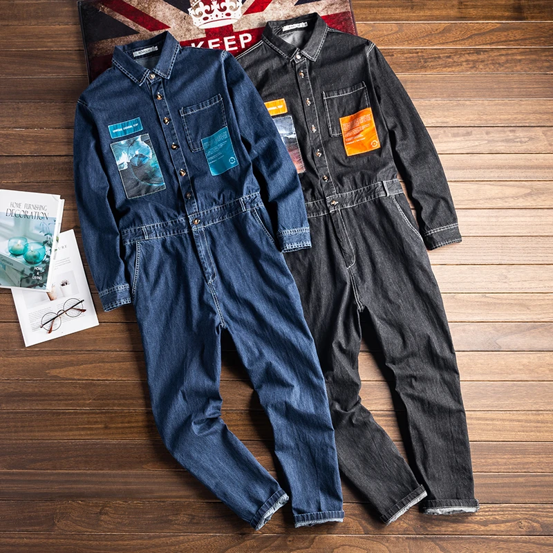Men's Denim Jumpsuit Long Sleeve Patch Style Black Blue Overalls Hip Hop Streetwear Leisure Jeans Cargo Pants Freight Trousers