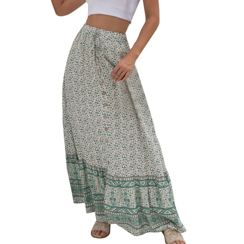 

Летняя женская Свободная юбка с высокой талией и принтом, Повседневная Женская юбка до щиколотки с пуговицами
