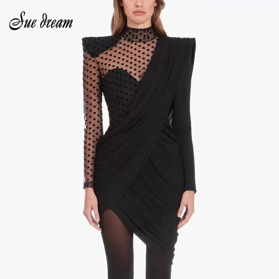 2021 летнее Новое Элегантное асимметричное платье в горошек женское с высоким