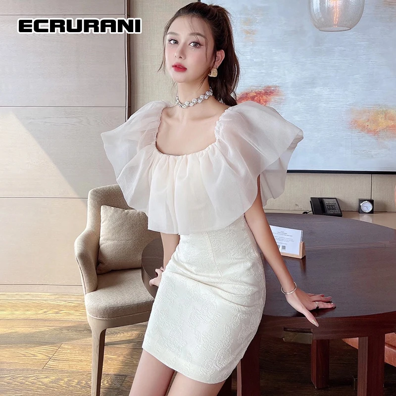 

ECRURANI White Patchwork Dress For Women Slash Neck Sleeveless High Waist Mini Solid Dresses Female Summer Clothes 2021 New Tide