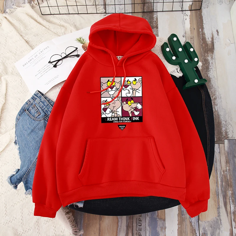 Red250 Shellsuning флисовые толстовки для женщин осень зима корейский BF Harajuku круглый вырез Kawaii Розовая пантера мультфильм печатных Ins пуловер - Цвет: Red250