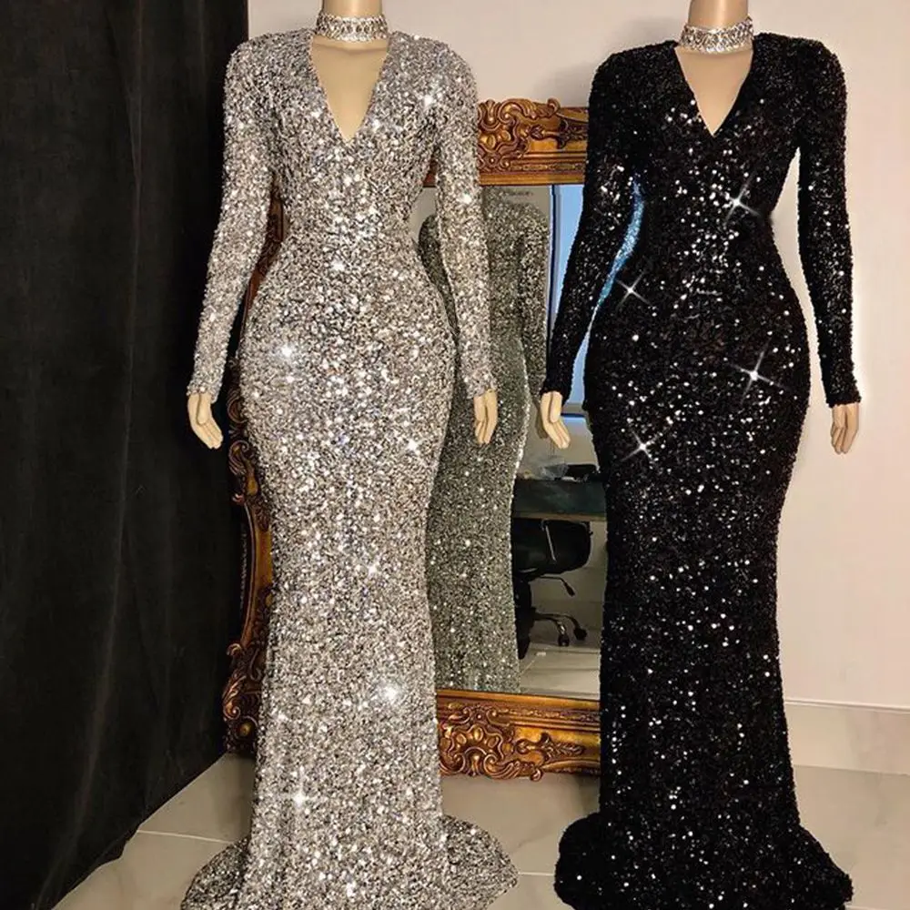 

Sexy Long Mermaid Prom Dresses 2022 V-neck Long Sleeve Sequins Satin African Women Black Girl Prom Gowns For Party