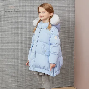 DKH15168 dave bellaзимнее От 5 до 13 лет для маленьких девочек модное однотонное пуховое пальто с меховым капюшоном Детская куртка с подкладкой из 90% белого утиного пуха