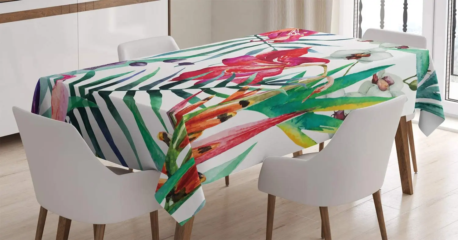 

Tropical Wild Orchid Flowers with Palm Leaves Print Exotic Style Nature, Dining Room Kitchen Table Cover Green Red