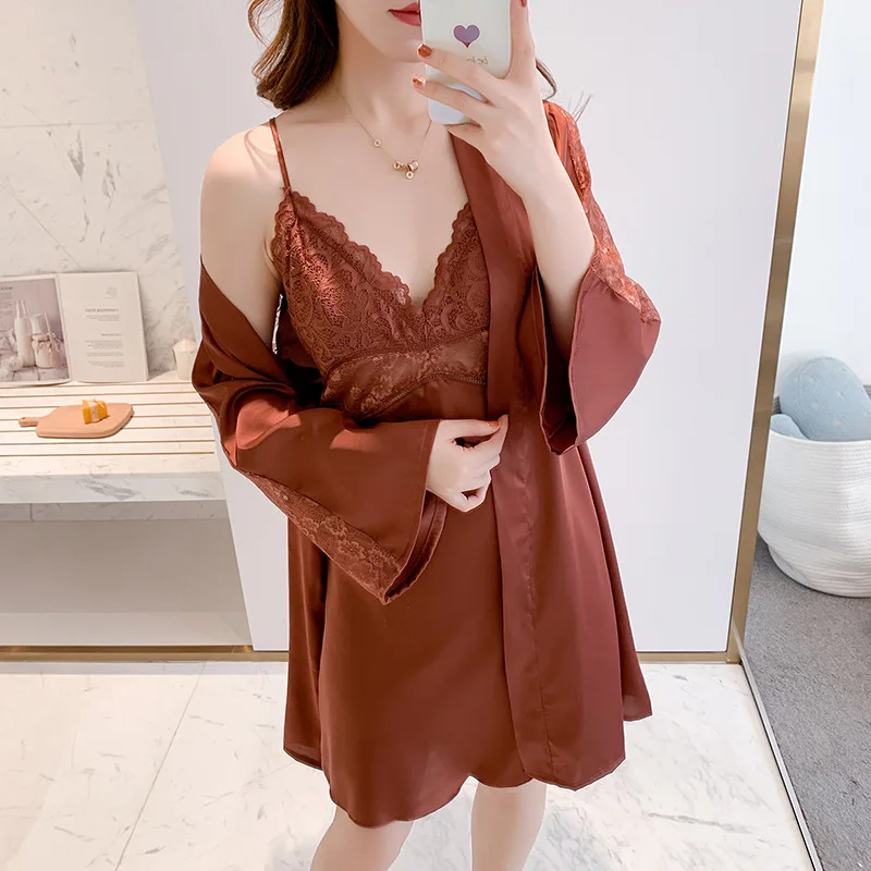 

Summer Spring Women Robe Gown Set Sexy Satin 2PCS Pajamas set Ladies Lace V-neck Sling Nightdress Home wear