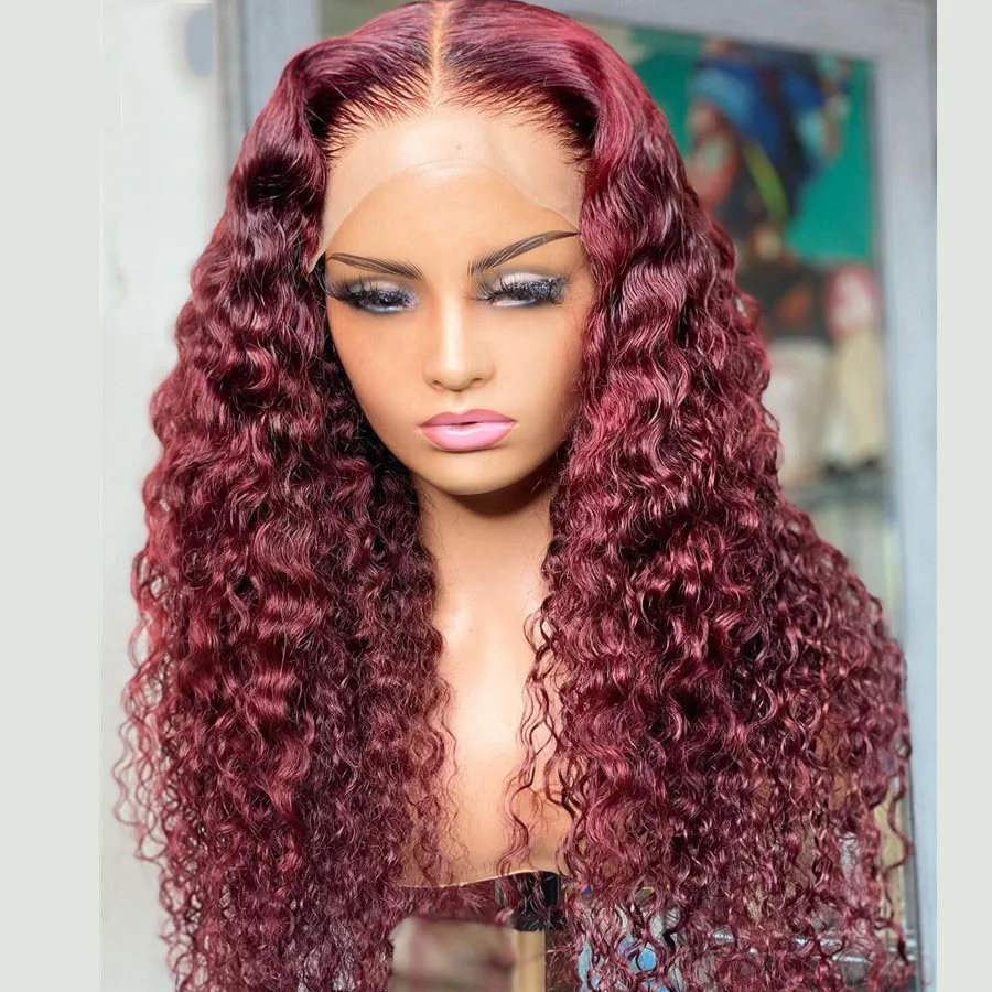 

Middle Part Burgundy 180% Density 26 Inch Long 99j Lace Synthetic Wig For Black Women Kinky Curly With BabyHair Natural Hairline