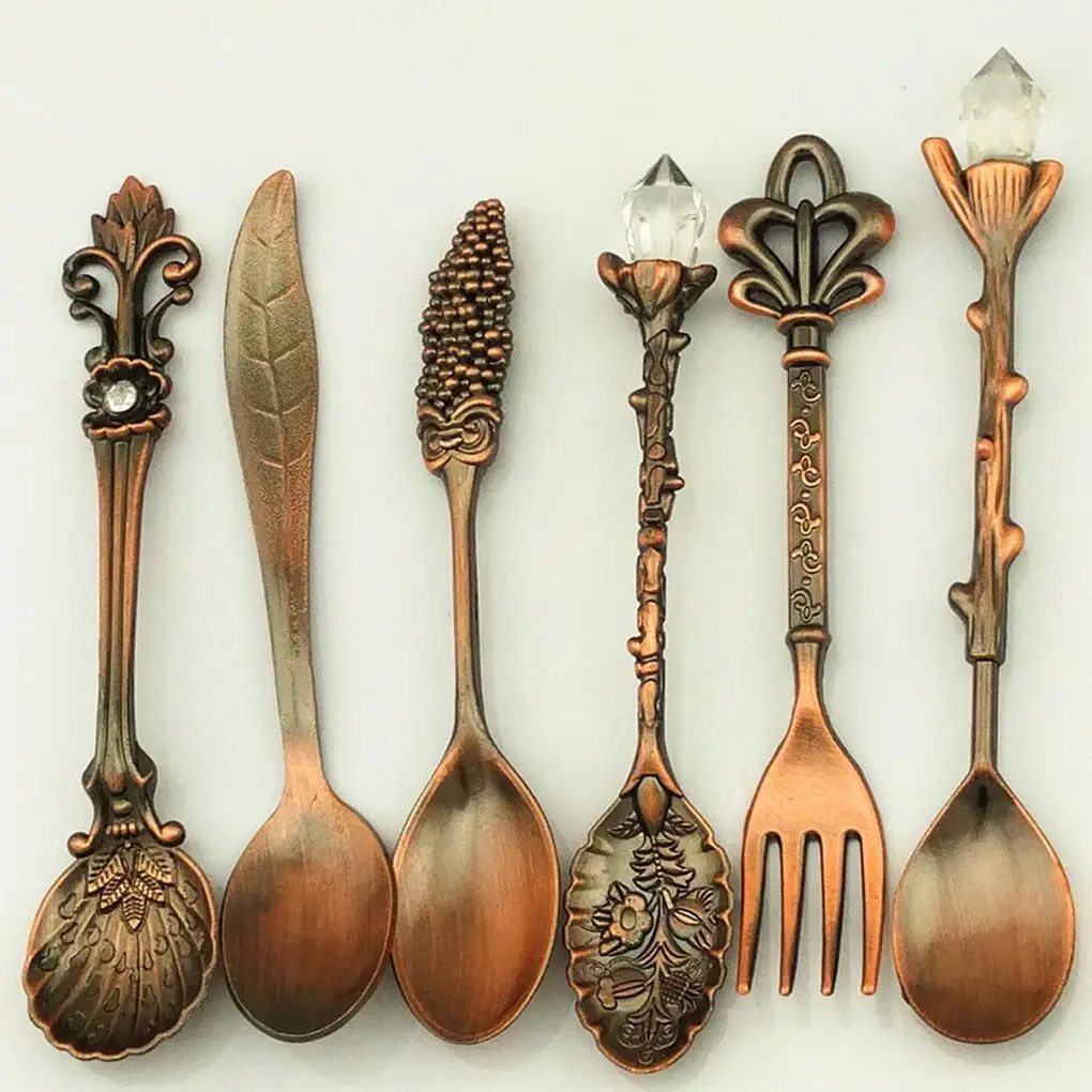 

2021 6pcs Bronze Carved Eco-Friendly Small Tea Coffee Spoons Food Fork Mixing Scoop