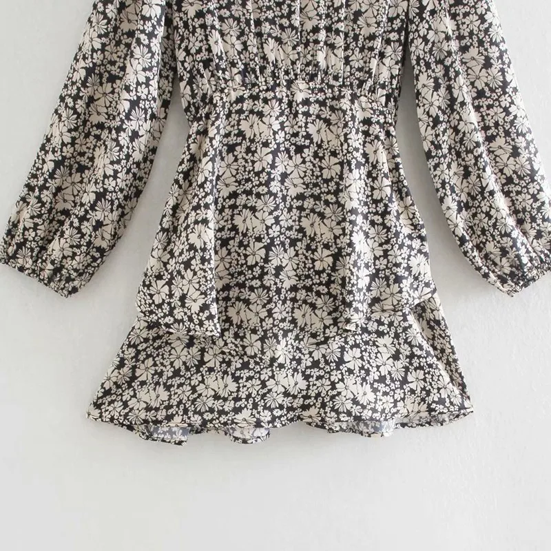

Alldoke Spring Summer 2021 Floral Print Vintage Dress Women O-neck Lantern Sleeve A-line Dresses Vintage High Waist Mini Dress