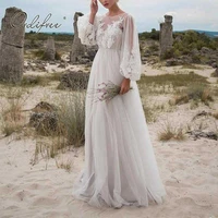 2021 latest romantic bridal gowns sheer long sleeves bohemian wedding dress lace applique tulle beach wedding gowns