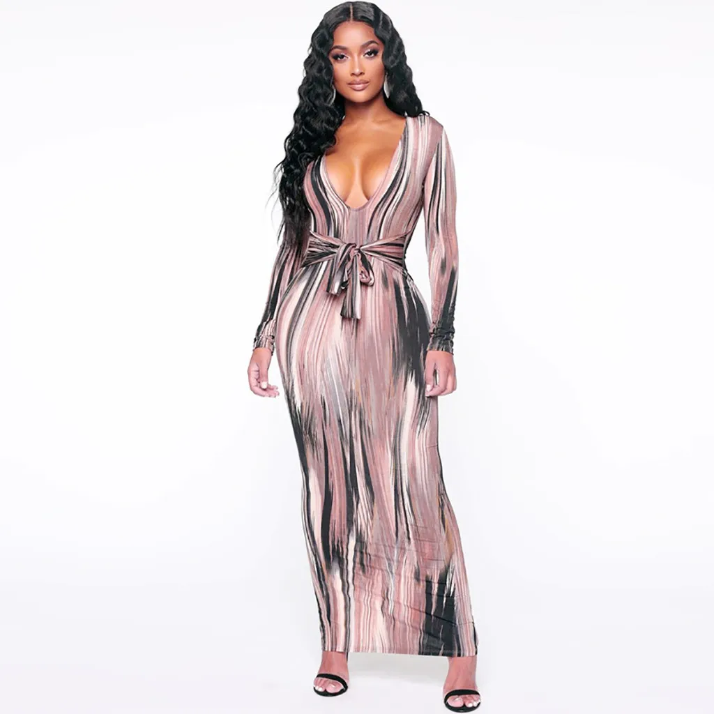 Женское сексуальное длинное платье с принтом вечернее Бандажное Макси глубоким V