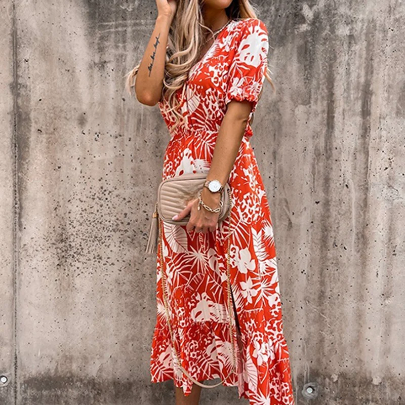 

Summer Floral Print Dress Women V Neck Side Slit Long Dress Elegant Short Sleeve Button Slim Spring Female Party Dress Vestidos