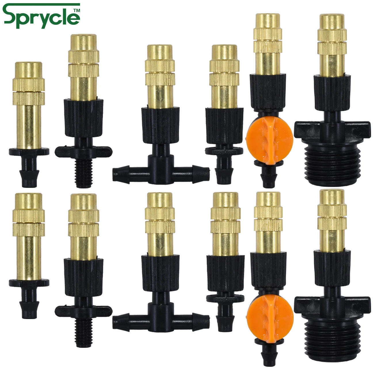 

SPRYCLE 10PCS 6 Types Micro Drip Irrigation Misting Brass Nozzle Garden Spray Cooling Copper Sprinkler w/ Connector Water Plants