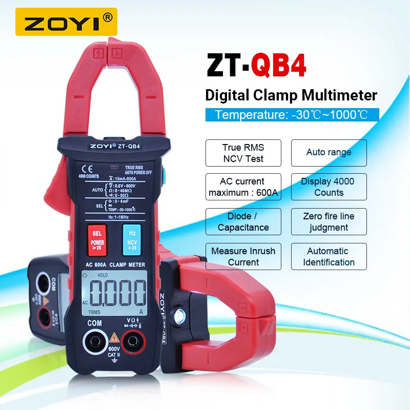 ZOYI клещи ZT QB4 4000 отсчетов 600A мультиметр Вольтметр Амперметр переменного тока