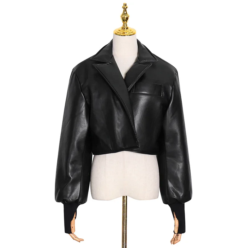 

Niche Design Winter Coat 2020 New Fashion Temperament Street Handsome Lapel Wide Shoulder PU Leather Jacket Woman Aa01