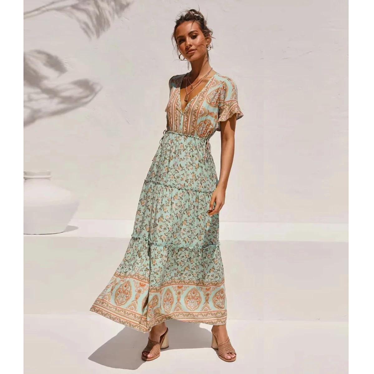 

Jastie Boho Floral Printed Maxi Dress V Neck Sexy Ruffle Sleeve Vintage Vestidos Summer Hippie Beach Casual Women Dresses