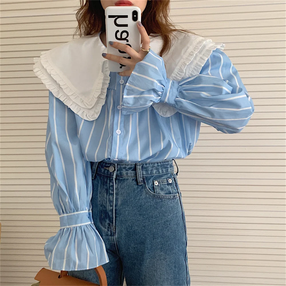 

Alien Kitty Sweet Blue Stripes Peter Pan Collar Women Shirt Flare Sleeve Casual Office Lady Loose Chic Fashion Autumn Women Tops