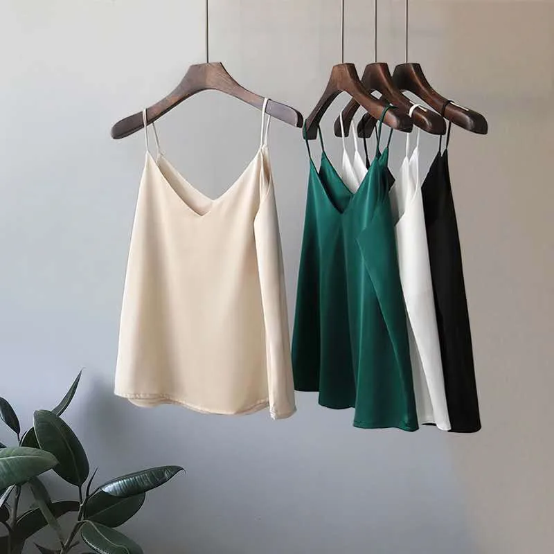 

Casual V-neck Sexy Solid Silk Satin Woman Tank Tops Render Chiffon Sleeveless Camisole Top Plus Size Halter Camis Tops