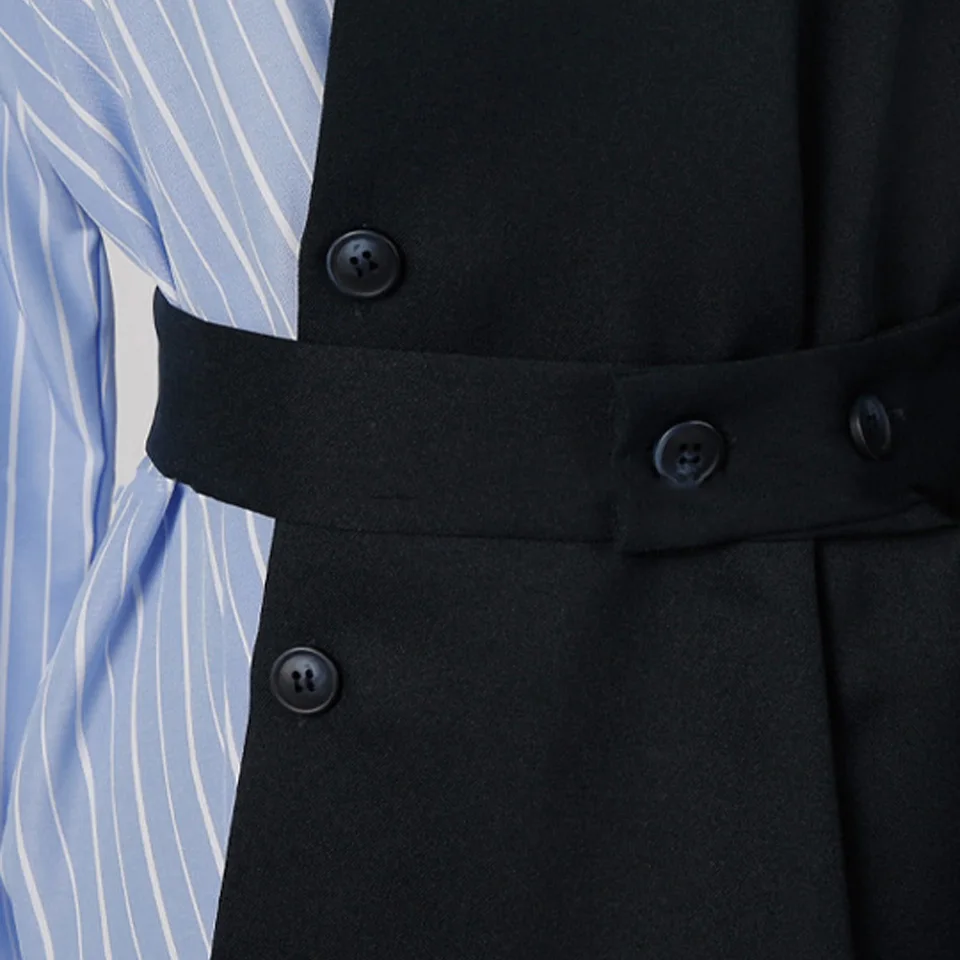 

High Street Dress 2020 Autumn Turn-Down Collar Batwing Sleeve Fashion Solid Color Stitching Striped Asymmetric Shirt Dress