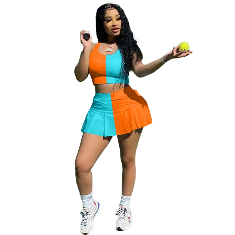 

Женский спортивный комплект из 2 предметов, повседневная спортивная одежда с юбкой и кроп-топом в стиле пэчворк, одежда для активного отдыха...