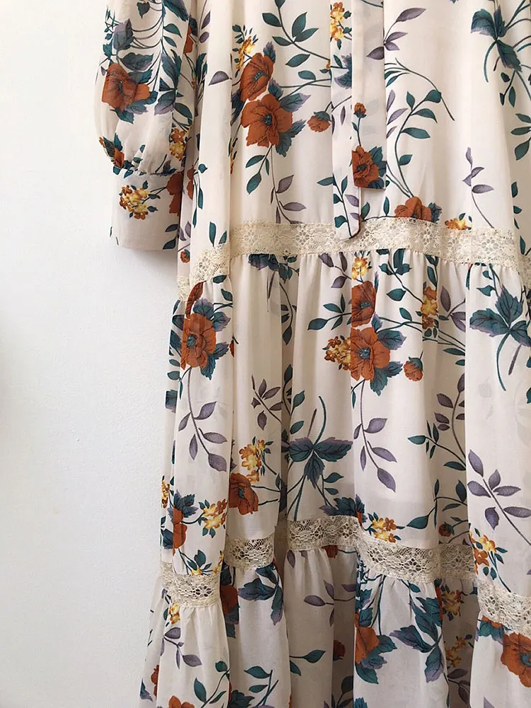 

Chiffon Floral Boho Chic Dress Women Fall Maxi Splice Lace Robe Longue Bandage A Line Long Sleeve Elegant Branco Spring Vestidos