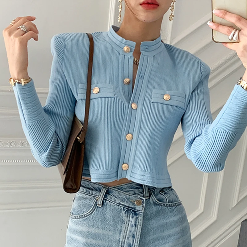 

Women's sweater 2021 new sky blue stand-up collar chic metal buttons short long-sleeved single-breasted knitted cardigan women