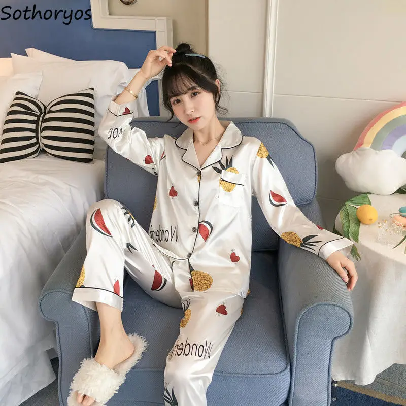 

Женские пижамные комплекты Ulzzang, весенние кардиганы из искусственного шелка с отложным воротником и длинным рукавом, шикарная Женская пикантная дышащая одежда с принтом, 2 шт.