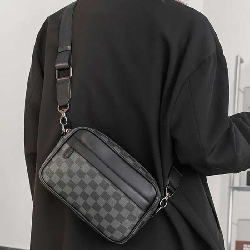 

Fashion Black Plaid Men Crossbody Bags 2021 New Unisex Zipper Messenger Bags Vintage Pu Leather Sling Man Shoulder Bag
