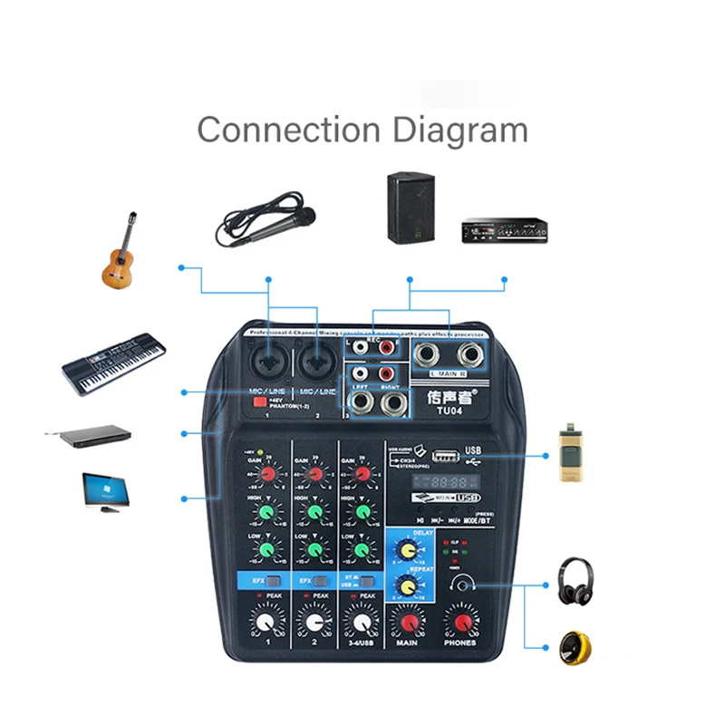 Профессиональный миксер для микрофона мобильный телефон USB запись 4 канала Bluetooth