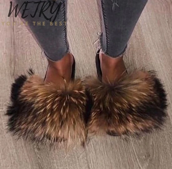 

IN 2020 Brand Luxury Fur Slippers Women Real Fox Fur Slides Home Furry Flat Sandals Female Cute Fluffy House Shoes Woman