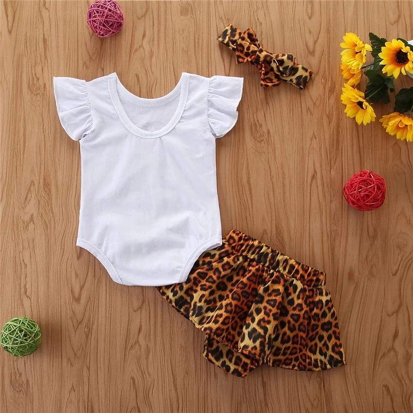 

0-24M New fashion Toddler Baby Girls Clothes Sets 3pcs Letter Ruffles Sleeve Romper Tops+Leopard Shorts+Headband Summer Outfits
