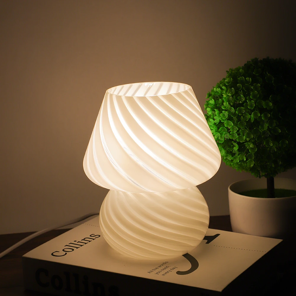 

Vintage LED Night Light Striped Glass Mushroom Table Lamp 3 Light Dimmable for Bedroom Study Bedside Decor Lamp Christmas Gift