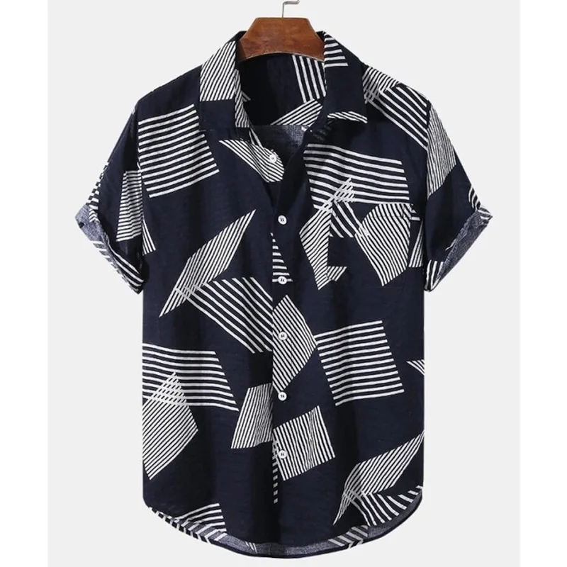 

Рубашка мужская с геометрическим принтом, модная Хлопковая сорочка в гавайском стиле, повседневная сорочка с коротким рукавом, лето