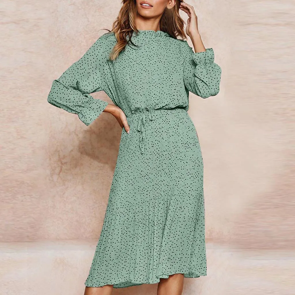 

Женская мода, из шифона, в горошек, платье с принтом для девочек женские туфли в горошек с О-образным вырезом на шее, Повседневное платье с дл...