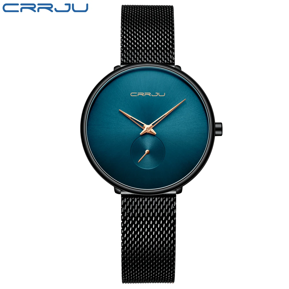 black blue CRRJU женские часы, ультра тонкие кварцевые часы из нержавеющей стали, женские повседневные часы с браслетом, женские часы для влюбленных, подарок - Цвет: black blue