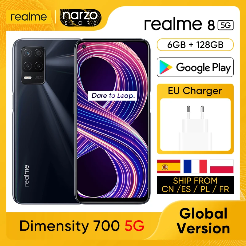 

realme 8 5G Moible Phone [Глобальная версия] 6GB RAM 128GB ROM Dimensity 700 5G 6.5'' 90 Гц дисплей 48MP тройная задняя камера Аккумулятор 5000 мАч 18 Вт