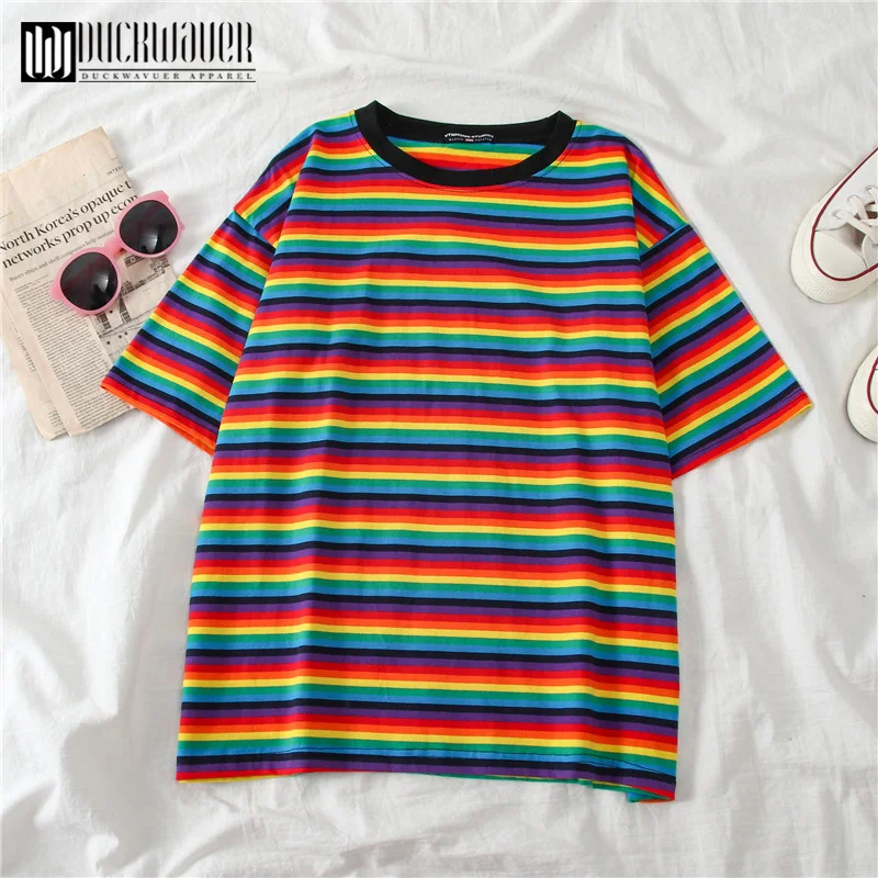 

Duckwaver Women Summer T-Shirt Rainbow Stripe Minimalist Short Sleeve Girl T shirt Vogue Female Sweet Basic Tops Tee Shirt