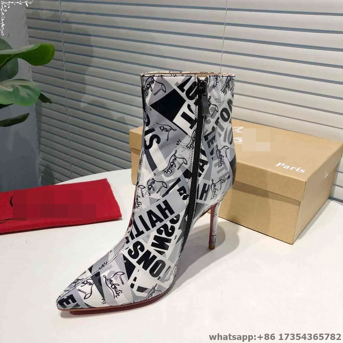 

Black White Printing Mixed Colors Leather Pointed Toe Stiletto High Heel Ankle Boots Luxury Design Side Zipper Short Boots
